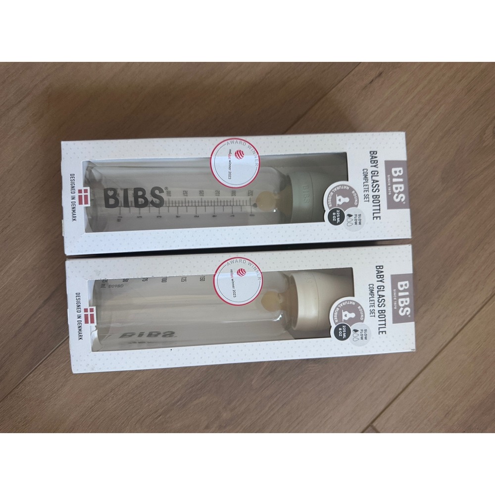 BIBS Baby Glass Bottle Complete Set 8oz 225ml Ivory Slow Flow 2 Pack New